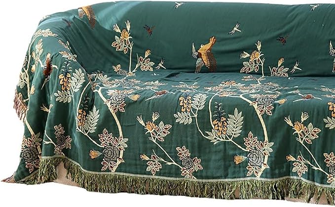 CozyNest Decor boho muslin twin-size cotton blanket with floral and bird tassel design, 80x90 inches, soft and cooling for summer.
