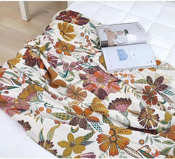 Colorful floral boho muslin bed blanket by CozyNest Decor, 80x90 inches, soft 4-layer cotton summer cooling throw for sofa or bed.