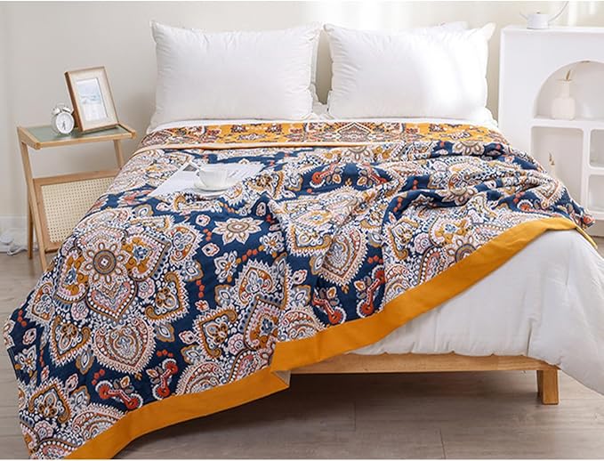 Boho spiral flower muslin blanket for adults, twin size 60x80 inches, cozy 4-layer cotton summer bed coverlet for sofa or bed
