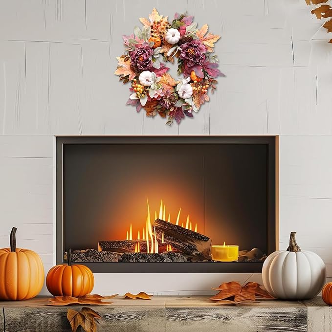 CozyNest Decor 20-inch fall wreath with white pumpkins, peonies, pine cones, perfect for front door fall or Thanksgiving decorations
