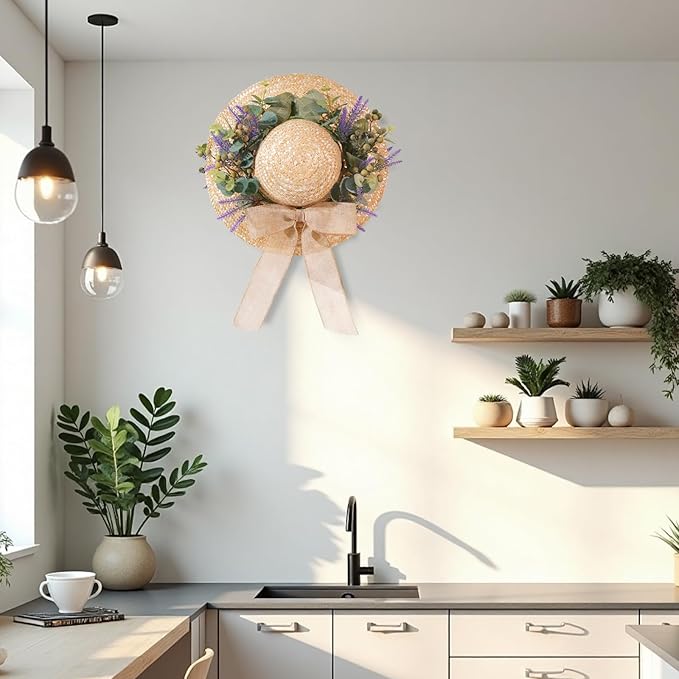 CozyNest Decor 16-inch spring eucalyptus wreath with bow, ideal for front door, wall, or window decor for summer and fall.
