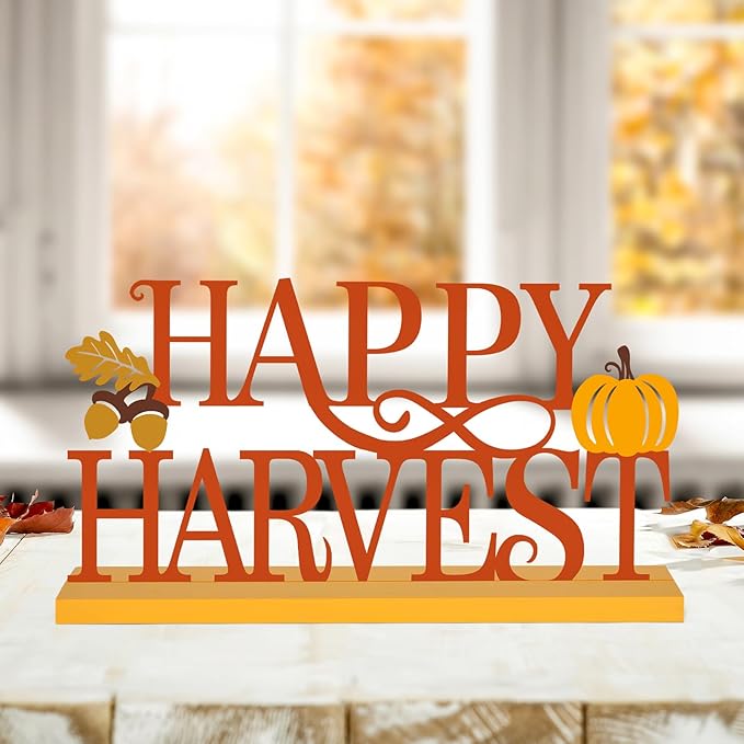 CozyNest Decor metal Happy Harvest sign with orange autumn leaves and pumpkin design, perfect for fall home or office decor.