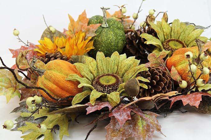 CozyNest Decor 24-inch artificial fall pumpkin sunflower wreath with green and autumn tones, ideal for farmhouse door decor.