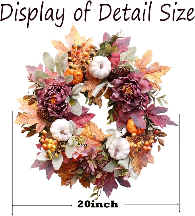 20-inch fall wreath with white pumpkins, peony, pine cones, perfect for front door decor for Thanksgiving or Halloween.