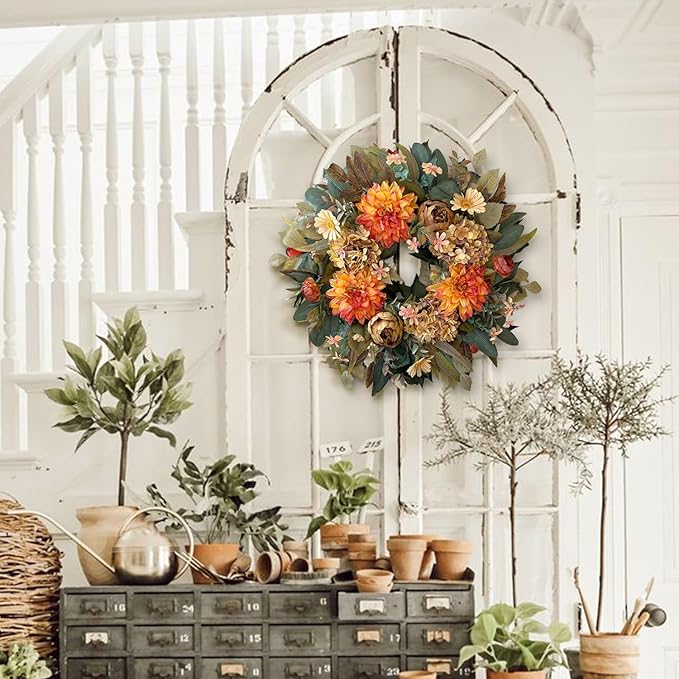 CozyNest Decor 24-inch fall wreath with orange hydrangea, peony, and dahlia flowers for front door autumn decor.