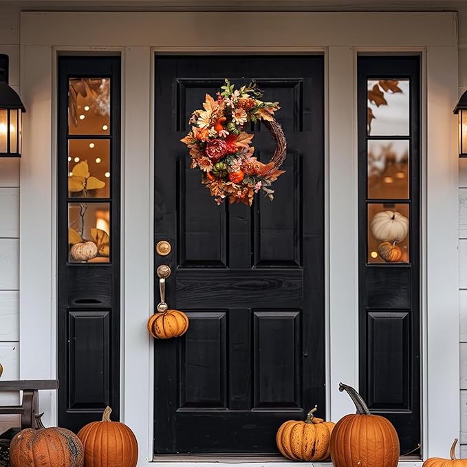 20-inch fall wreath with pumpkins, peonies, sunflowers, and berries from CozyNest Decor, perfect for front door autumn decor.