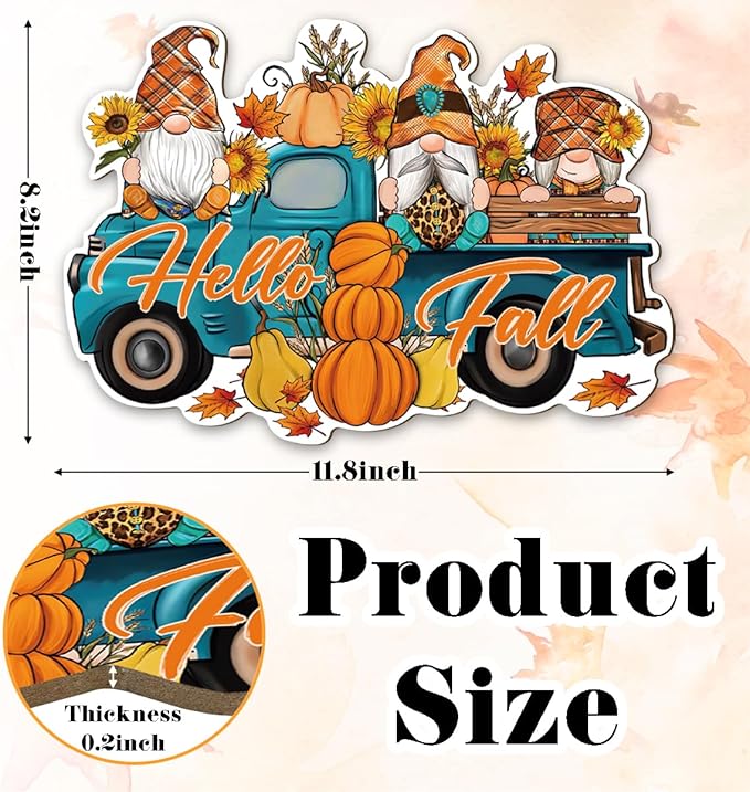 Rustic wood hanging gnome sign with "Hello Fall" and truck design, ideal as autumn porch or indoor outdoor fall decor.