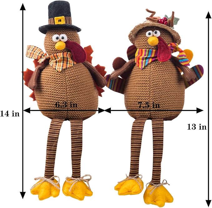 Two cozy stuffed turkey dolls from CozyNest Decor, perfect for Thanksgiving autumn fall tabletop home decor.