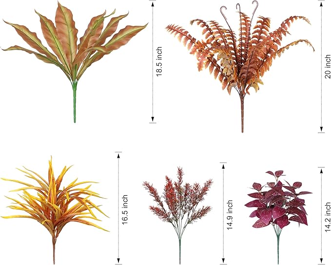 Large artificial fall greenery bunch with plastic leaves and stems, UV resistant faux plants for outdoor patio or garden decor.
