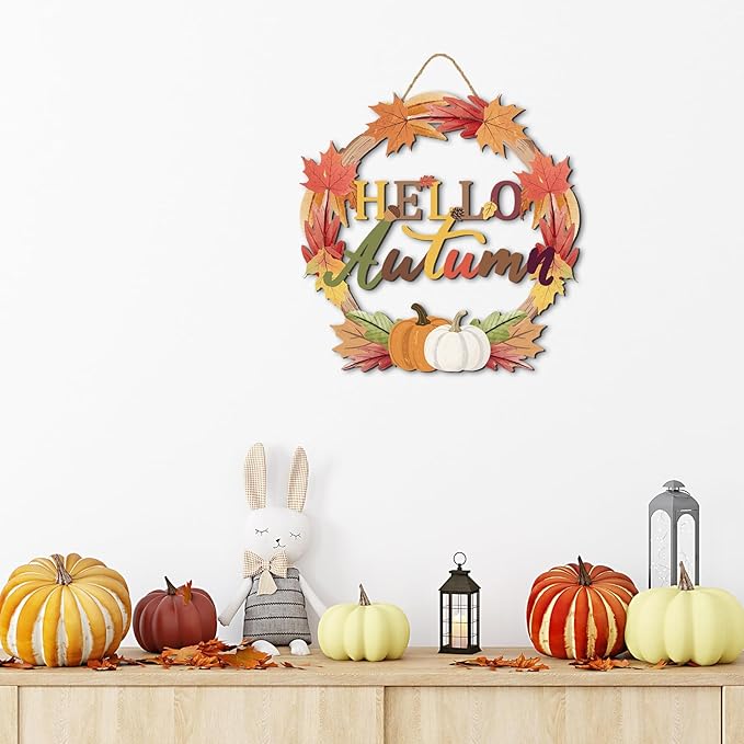 Color Valley Art Hello Autumn wreath sign with fall maple leaves, pumpkins, and rustic wooden decor for Thanksgiving.