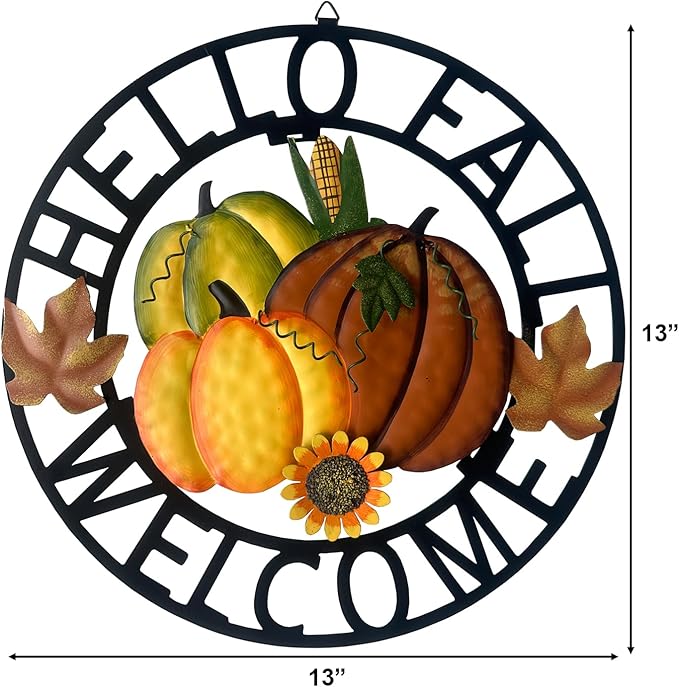 Rustic metal hanging pumpkin wreath with "Hello Fall" sign, autumn leaves, and rustic accents for farmhouse front door decor.