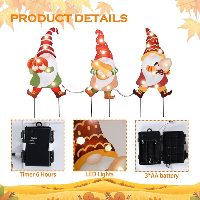 CozyNest Decor Wonder Garden 3 pcs fall yard signs with metal gnomes and LED lights, featuring pumpkins and autumn harvest theme.