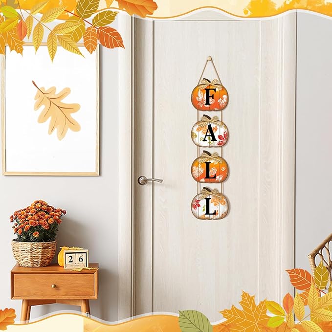 CozyNest Decor fall pumpkin and maple leaf wooden door sign for home, porch, or outdoor autumn seasonal decoration.
