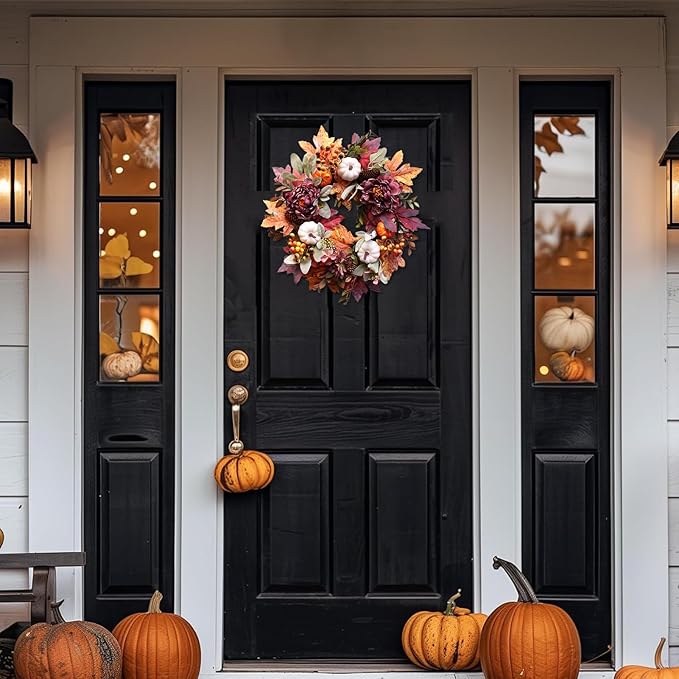 20-inch fall wreath with white pumpkins, peonies, and pine cones for front door or home decor, suitable for Thanksgiving and Halloween.