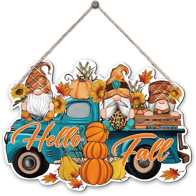 Rustic Hello Fall wood hanging gnome decoration with a truck design, ideal for indoor or outdoor autumn porch decor.
