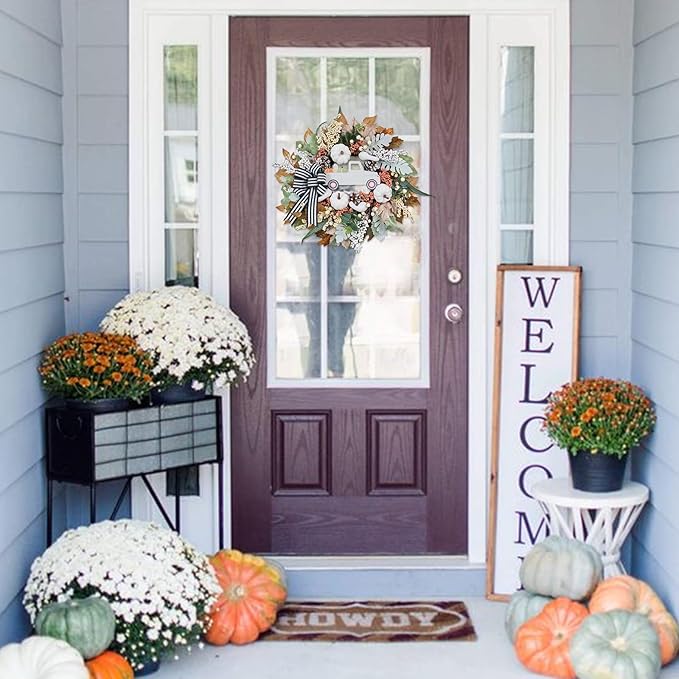 Fall wreath for front door featuring white pumpkin, truck, and bow by CozyNest Decor, ideal for indoor and outdoor harvest porch decor.