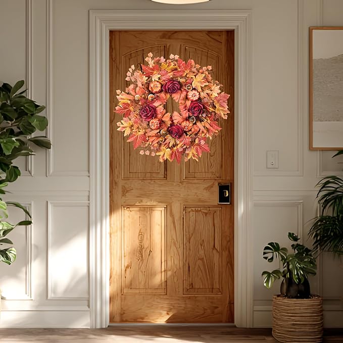 Large 26-inch fall wreath with maple leaves, pumpkins, roses, and rustic accents for farmhouse outdoor door decor by CozyNest Decor.