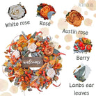 CozyNest Decor 24-inch fall wreath with lamb's ear leaves, roses, berries, and wooden sign for front door autumn decor.