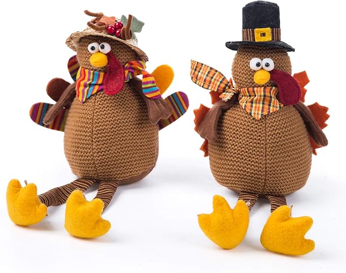 CozyNest Decor Ogrmar 2 Pack stuffed turkey couple dolls for Thanksgiving autumn holiday tabletop decoration, handmade collectible dolls