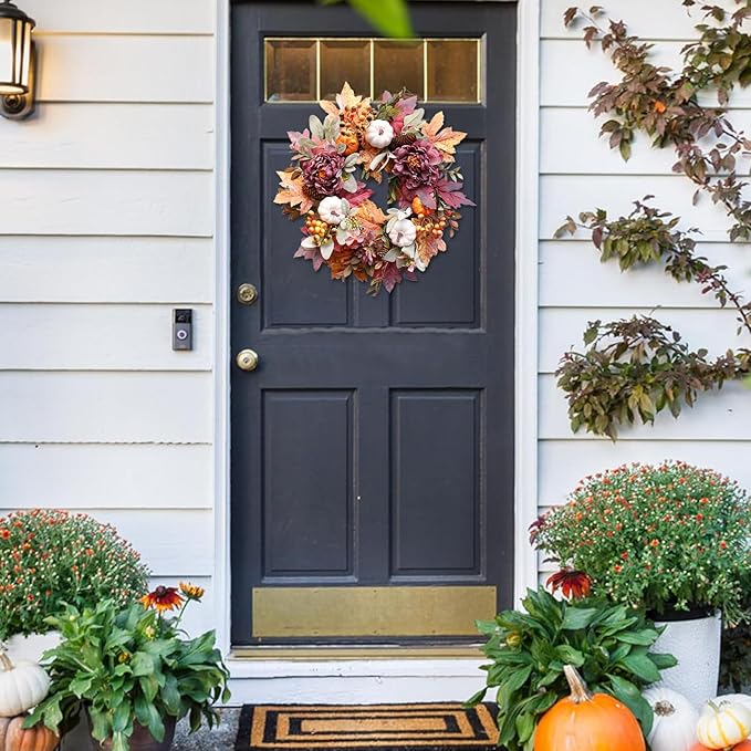 20-inch fall wreath with white pumpkins, peonies, and pine cones, perfect for front door autumn and Halloween decor.
