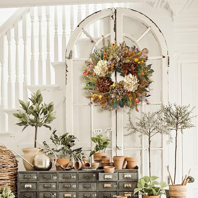 CozyNest Decor 24-inch fall wreath with hydrangeas and small pumpkins, perfect for front door autumn, Halloween, or Thanksgiving decor.