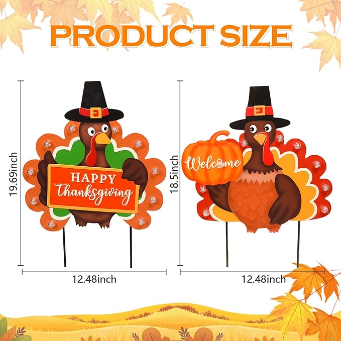 CozyNest Decor outdoor metal fall garden stakes with LED lights, featuring pumpkins, turkeys, and welcome signs for Thanksgiving.