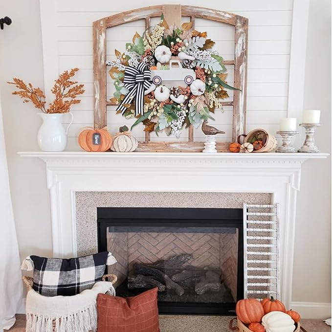 20-inch fall wreath with white pumpkin, truck, and bow for front door decor, indoor and outdoor harvest porch decoration by CozyNest Decor.