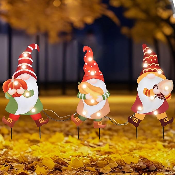 CozyNest Decor Wonder Garden 3-piece fall gnome yard signs with LED lights, autumn pumpkins, and harvest-themed outdoor garden stakes