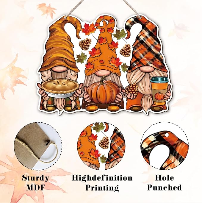 Rustic Autumn Dwarfs Hello Fall wooden hanging decor by CozyNest Decor, perfect for porch or indoor outdoor fall door decoration.