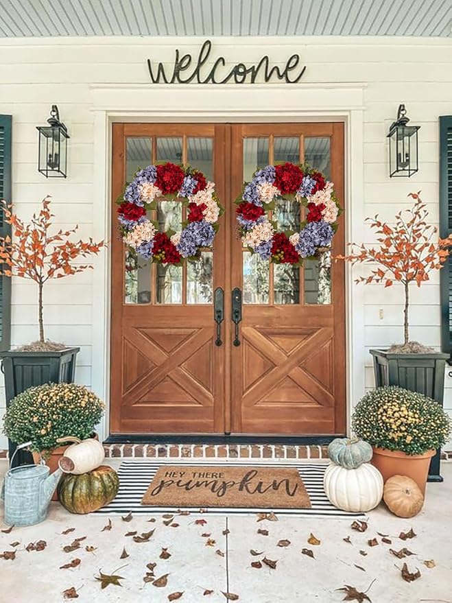 CozyNest Decor 24-inch fall wreath with hydrangeas berries and autumn flowers for front door fall decor.