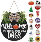 Rustic wooden seasonal welcome sign wreath with dog design, ideal for front door, wall, or porch decor for all seasons.