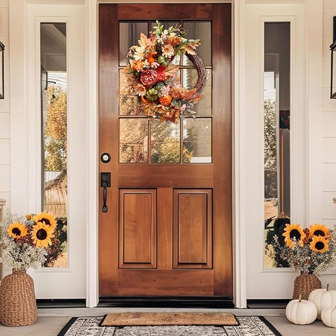 CozyNest Decor 20-inch fall wreath with pumpkins, peonies, sunflowers, berries, ideal for front door autumn decor.