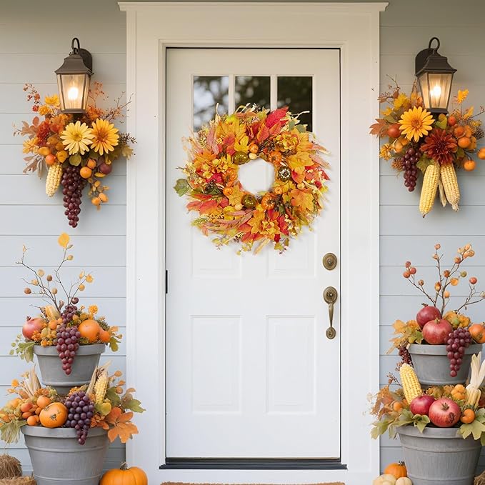 CozyNest Decor 24-inch fall wreath with pumpkins, hydrangea, and maple leaves for front door or porch seasonal decor