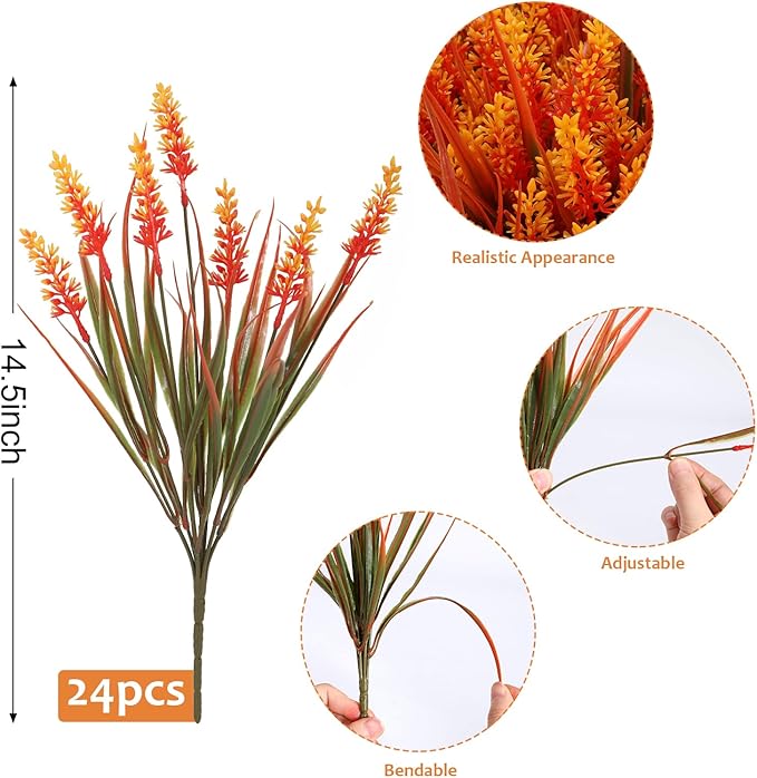 CozyNest Decor outdoor faux lavender flowers with monkey grass in autumn orange, UV resistant plastic plants for garden and porch decor