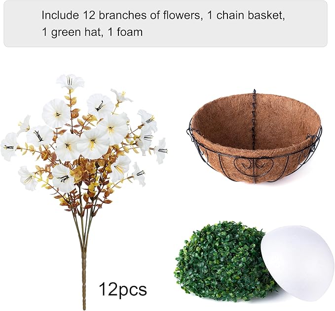 Artificial fall flowers in a hanging basket with silk morning glory and eucalyptus, UV resistant outdoor decor for porch or patio.