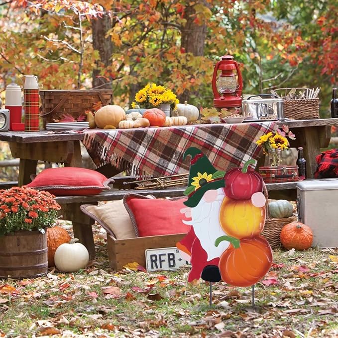 CozyNest Decor metal gnome with pumpkin garden stake for outdoor fall and autumn yard decoration on lawn or porch
