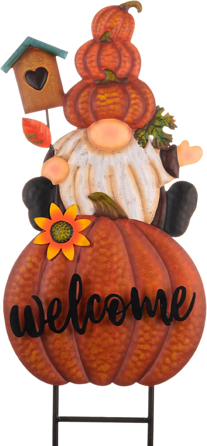 CozyNest Decor Fall gnome pumpkin garden stake decoration with orange pumpkin and harvest accents for outdoor yard decor.