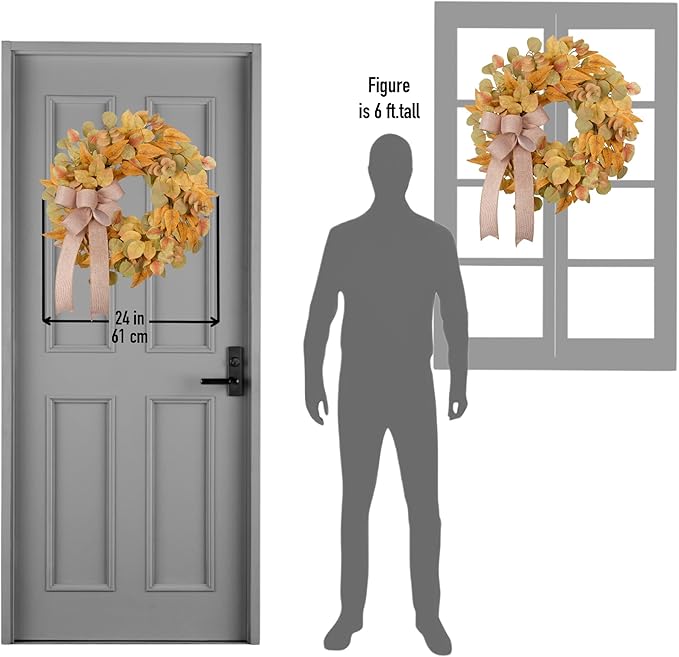 CozyNest Decor 24-inch fall wreath with faux autumn leaves and bow, perfect for farmhouse door, wall, or window decoration.