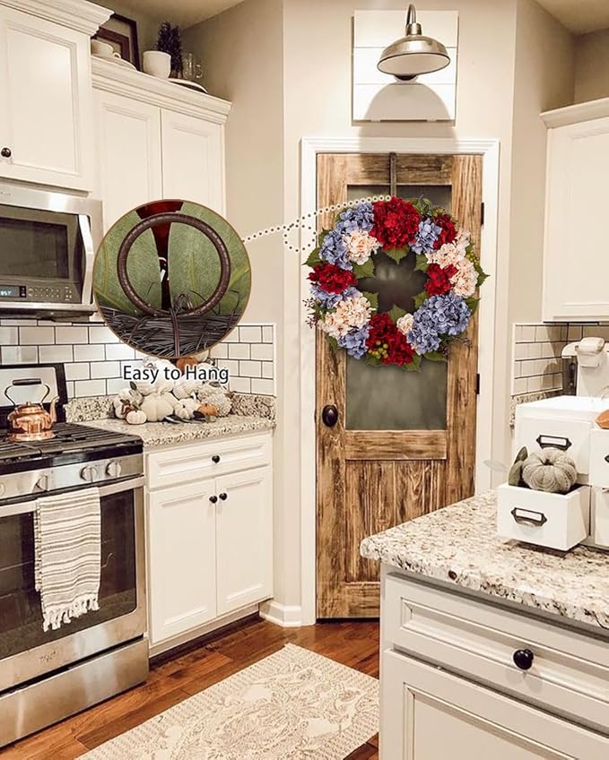 24-inch autumn wreath with artificial hydrangeas, berries, and fall foliage, perfect for farmhouse Thanksgiving door decor.
