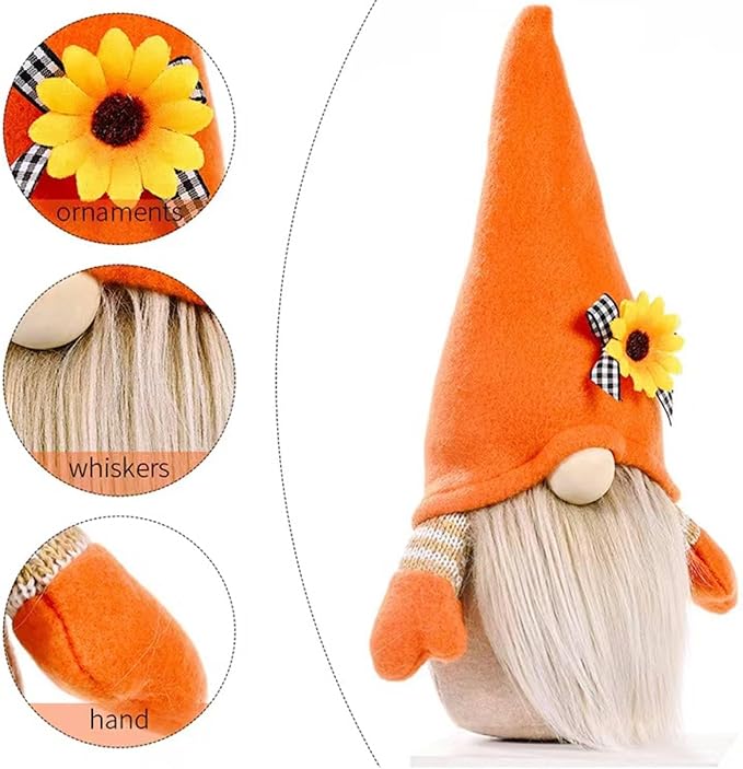 CozyNest Decor fall plush gnome doll with sunflower hat, autumn-themed collectible doll for farmhouse harvest table decor