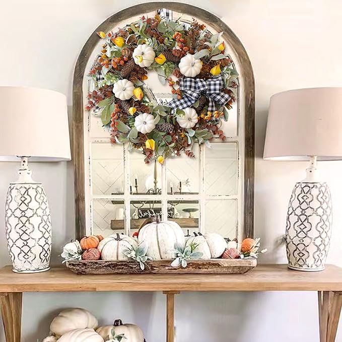 Large farmhouse fall wreath with white pumpkin, cotton, lamb's ear, and eucalyptus leaves, ideal for autumn or Thanksgiving decor.