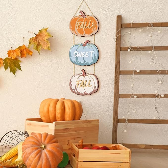 Set of three rustic wooden fall pumpkin welcome signs by CozyNest Decor with "Hello Fall" message, perfect for porch or wall decor