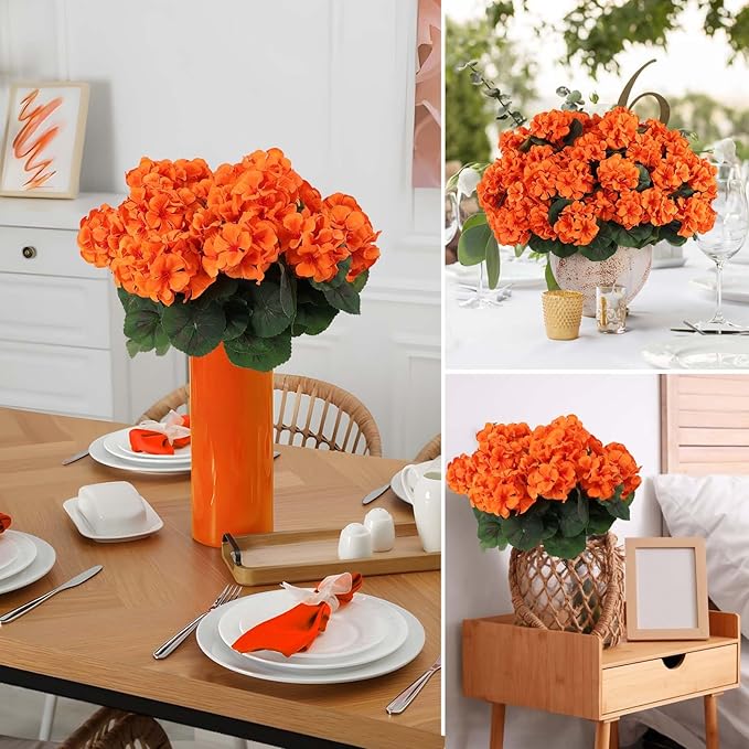 CozyNest Decor 12-pack orange artificial geranium flowers for outdoor decor, UV resistant silk plants for fall table centerpieces.