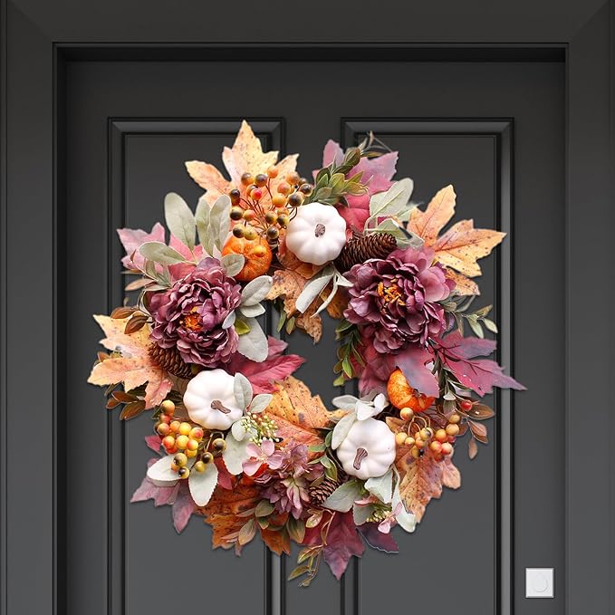 CozyNest Decor 20-inch fall wreath with white pumpkins, peony, pine cones, perfect for front door Thanksgiving Halloween decor
