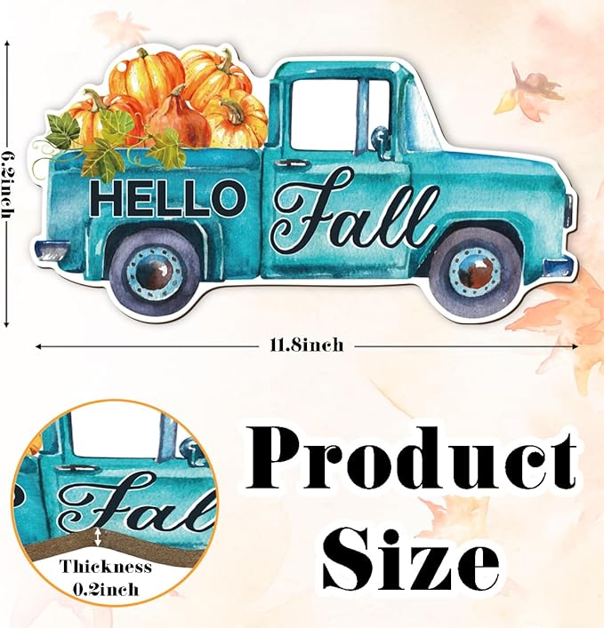 Rustic fall door hanger with pumpkin and truck design, CozyNest Decor, perfect for porch or indoor autumn decor.