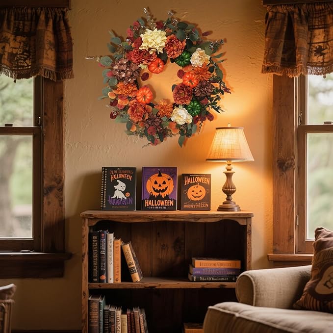 CozyNest Decor 24-inch fall wreath with realistic pumpkins, hydrangea, peony, and dahlia flowers for front door autumn decor