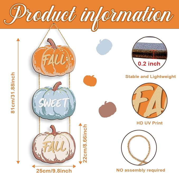 Set of three CozyNest Decor fall pumpkin welcome signs with autumn-themed wooden plaques for porch or wall decor.