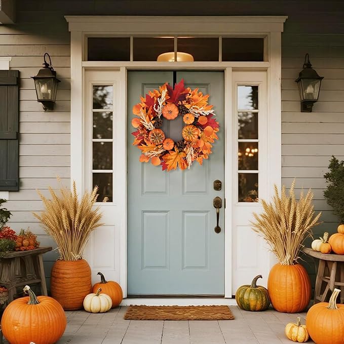 20-inch CozyNest Decor fall wreath with berries, pumpkins, maple leaves, pine cones, and a hook for front door autumn decoration