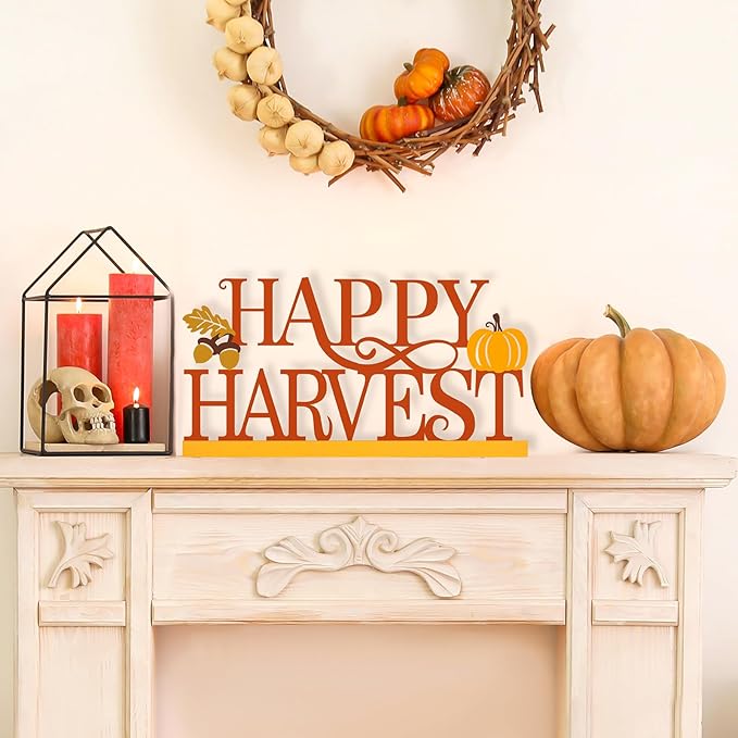 CozyNest Decor COCHIE Metal Happy Harvest sign with orange autumn leaves and pumpkin design for fall home or office decor.