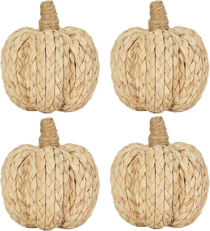 CozyNest Decor 4.3-inch braided corn husk pumpkin set, artificial vegetable table centerpieces with woven natural corn stalks for fall decor.